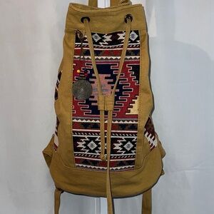 Mustard Colored Canvas Backpack with Southwestern Woven Panels Large Size